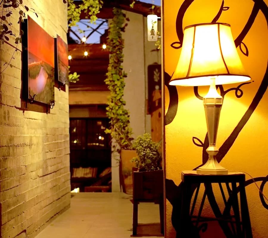 Outdoor pathway at Jardín Secreto Restaurante with string lights, illuminated lamp in San José del Cabo