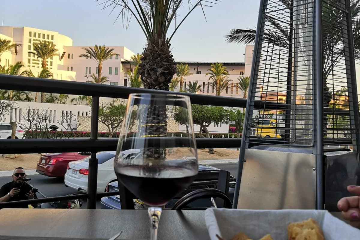 Wine glass at La Forchetta with palm trees, building in background in San José del Cabo