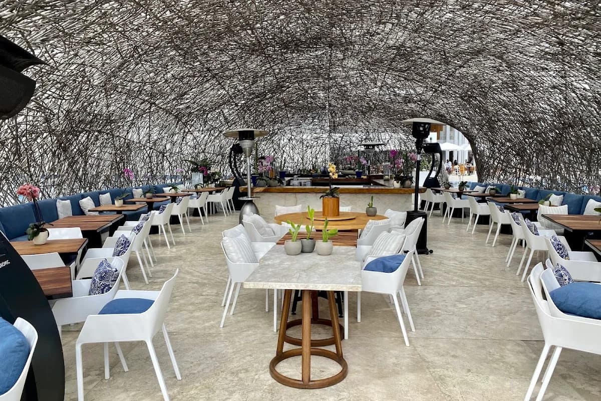 Outdoor dining at NIDO under woven canopy, day in San José del Cabo