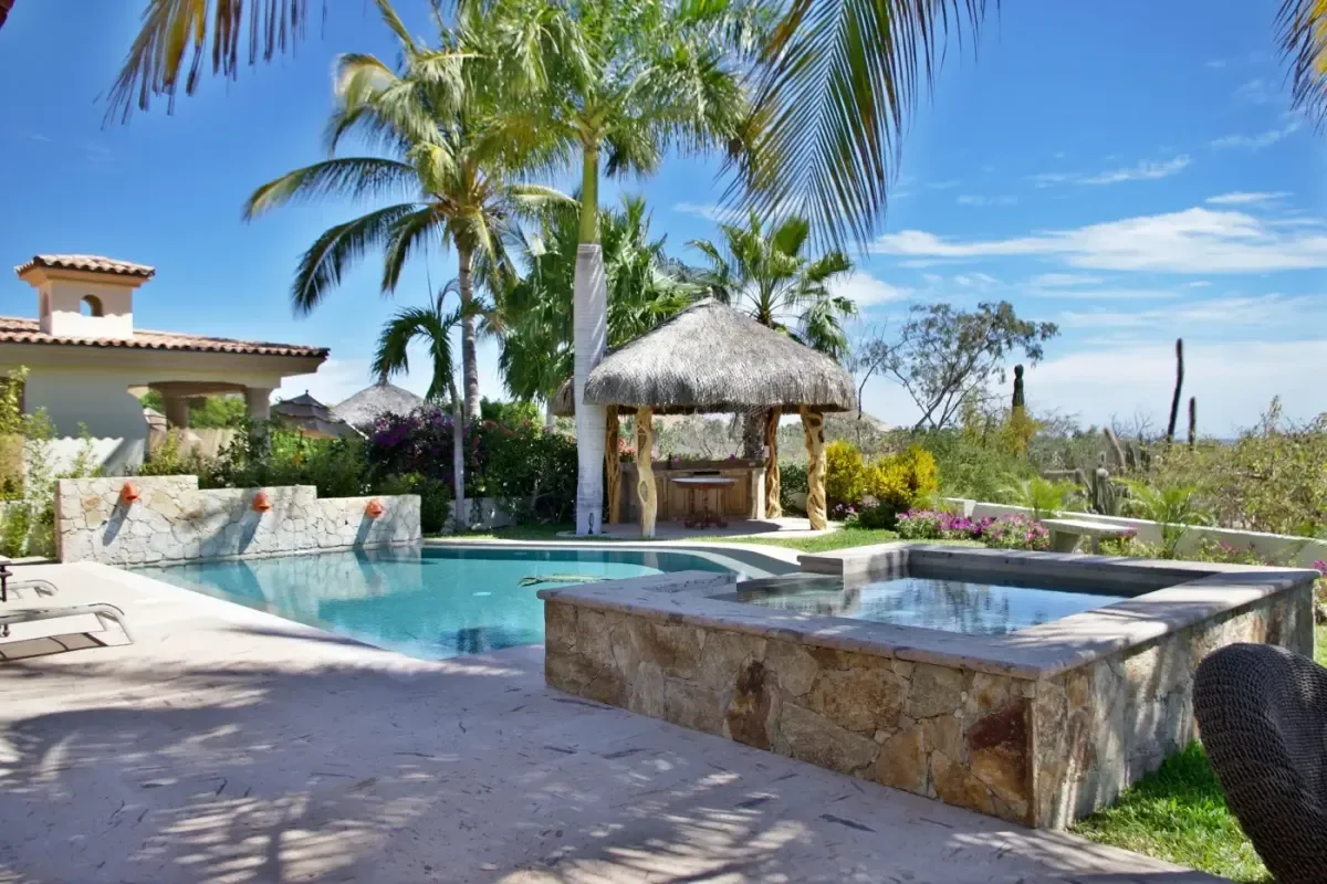 Palapa 1 at Casa Tortuga next to pool, sunny day in Cabo Del Sol
