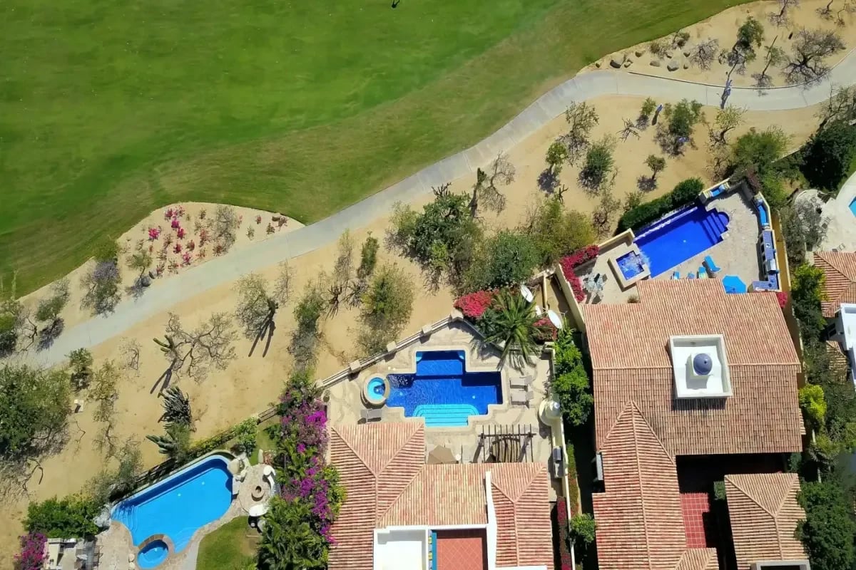 Swimming pool aerial 1 at Cannery Beach Parking with hot tub, next to golf course