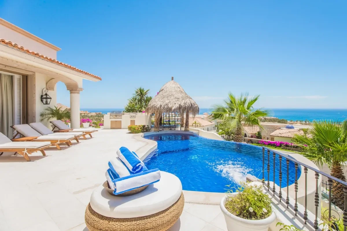 Swimming pool at Villa Buena Vida with cabana and ocean view in Cabo Del Sol