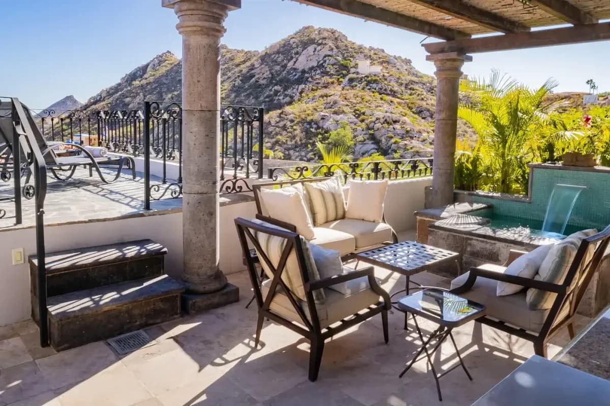 Outdoor terrace at Villa Buena Vista with mountain view