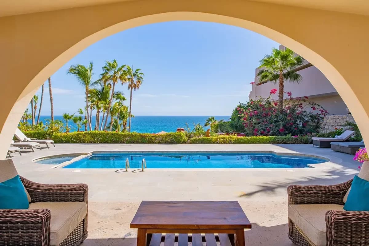 Outdoor patio at Cabo In March with pool and ocean view