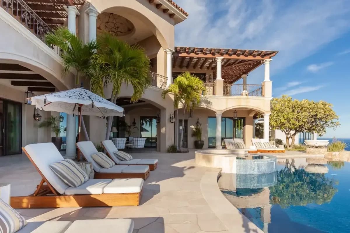 Villa Mar Azul, with palm trees, pool deck, in Pedregal Bay