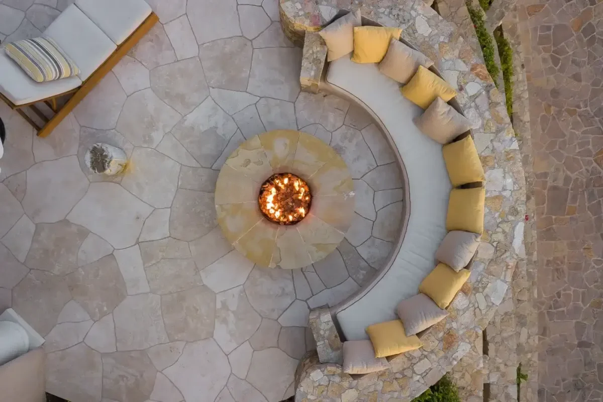 Fire pit aerial at Villa Mar Azul with seating, stone patio in Pedregal Bay
