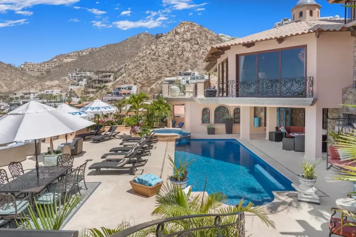 Pool terrace at Find Your Zen: The Ultimate Meditation Retreat in Cabo San Lucas for 2026 with mountain backdrop, sunny day