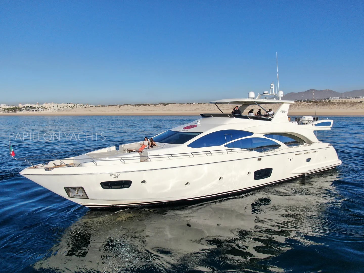 Azimut 95ft, bow view, with beach beyond, in Cabo San Lucas