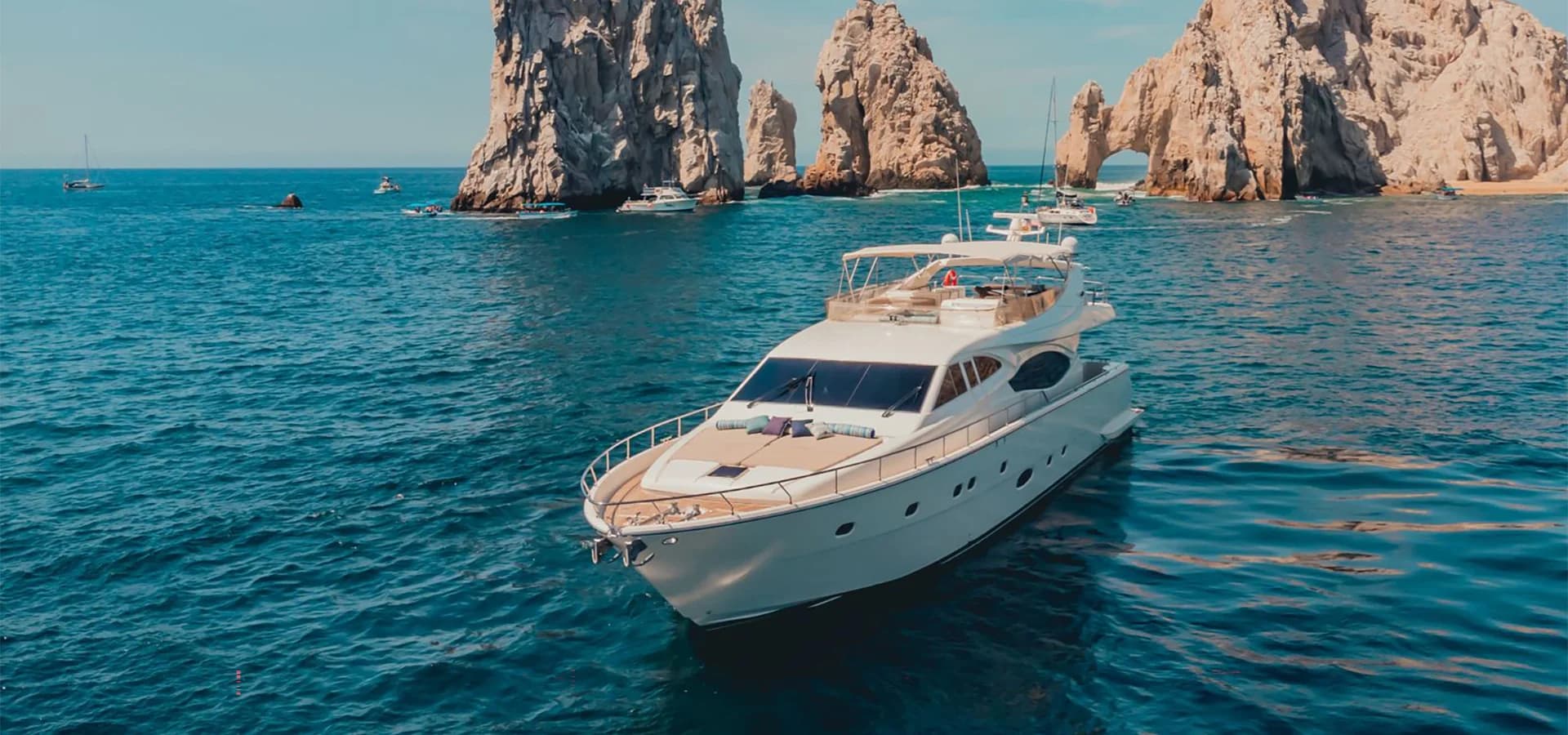 Luxury yacht 1 at Sunset Cruise Cabo San Lucas: Best Options for Your 2026 Escape with rock formations beyond